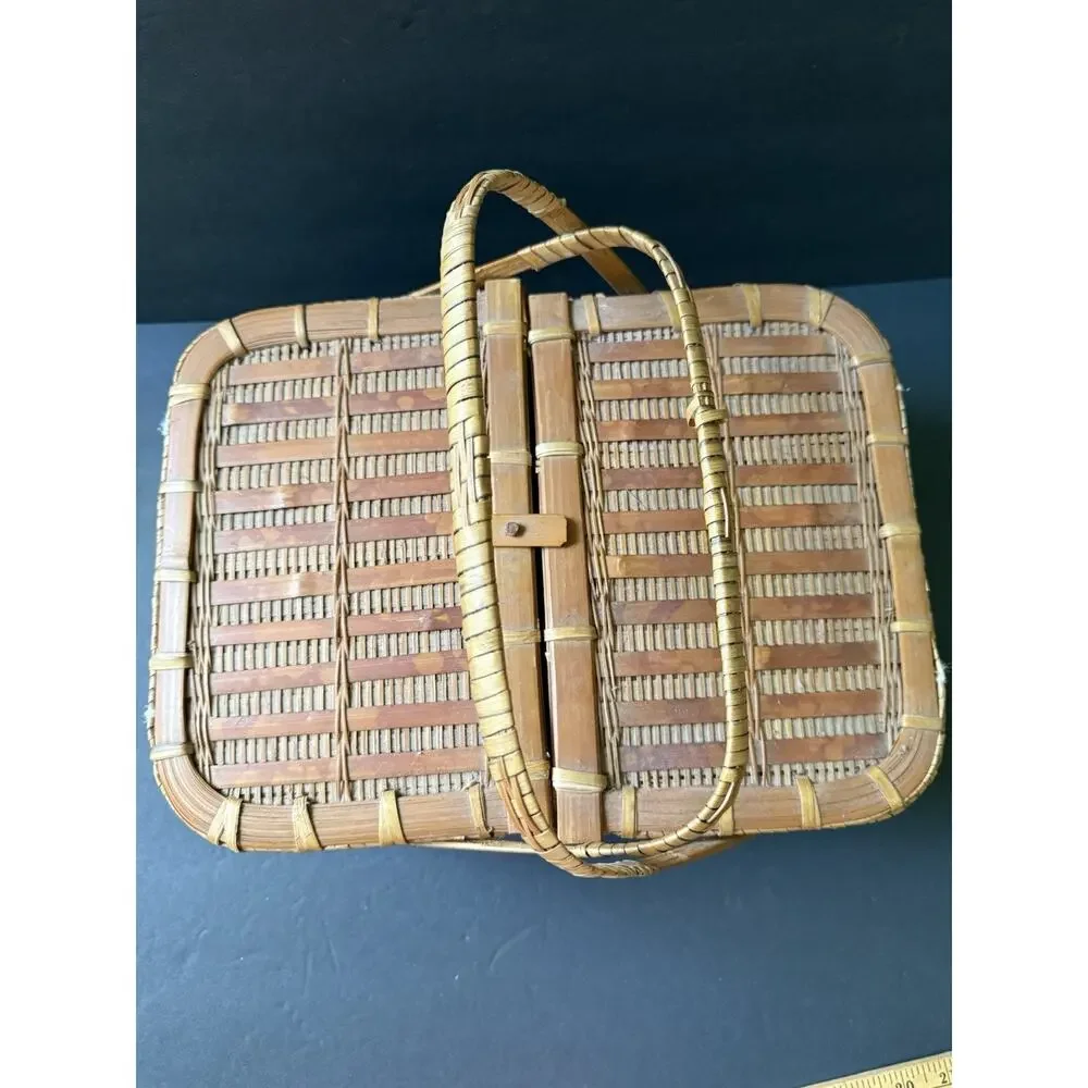 Vintage Bamboo Covered Basket Hinged Top Sewing Picnic Storage Woven Two Handle